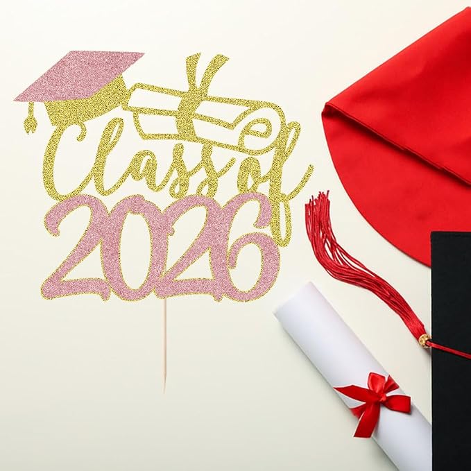 Gold Class of 2026 Congrats Grad Cake Topper Glitter Graduation Party Supplies - High School College Graduates -College Graduate Cake Topper Decorations (Class of 2026 Gold and rose gold)