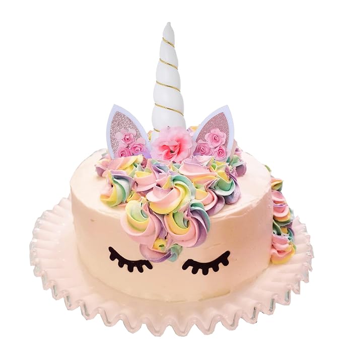 Zkptops Unicorn Cake Topper Birthday Party Supplies Unicorn Birthday Decorations White Horn Cake Topper Accessory with Eyelashes Cute Handmade Reusable Cake Toppers for Girls Kids Women 5.8 Inch