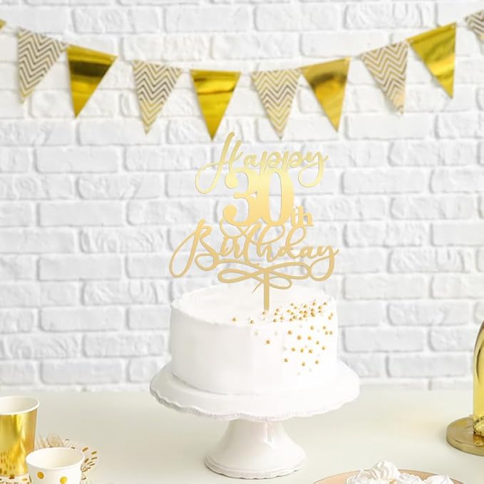 Happy 30th Birthday Cake Topper,Mirrored Gold Acrylic Durable Cake Topper，Hello 30, Cheers to 30 Years/30th Anniversary,30th Birthday Party Cake Decorations，Birthday Party Decorations