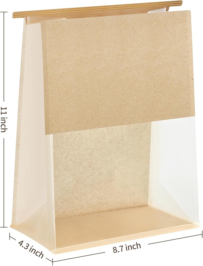Ocmoiy 100Pcs Large Paper Bread Bags, Resealable Sourdough Bread Bags, Clear Front Tin Tie Tab Lock Bakery Storage Bag with Window Paper Treat Bag (8.7x4.3x11 Inch)