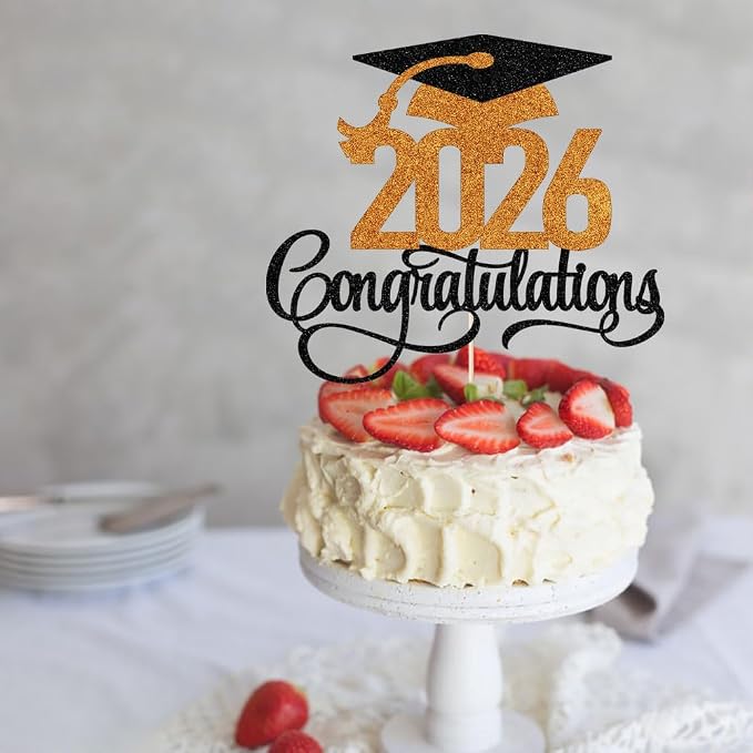 Glitter 2026 Congratulations Graduation Cake Topper,Congrats Grad Cake Decor - 2026 High School/College/Senior Graduation Party Decorations Supplies (2026Congratulations Black orange)