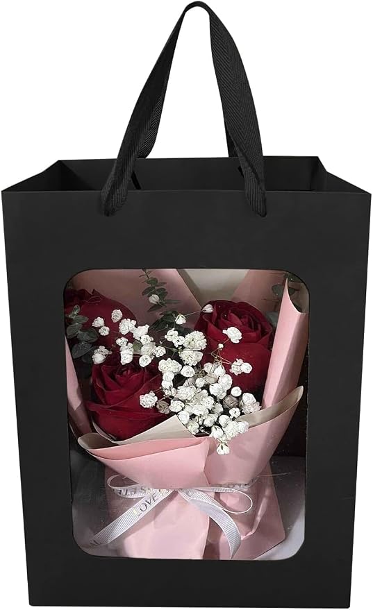 5Pcs Black Paper Gift Bags with Transparent Window, 9.84"x7.0"x5.12" | Kraft Shopping Bags with Handles for Bouquet Christmas Birthdays Festivals Party Weddings Wrapping