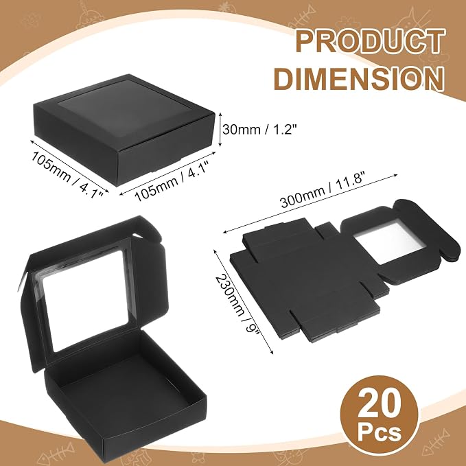 uxcell 20Pcs Kraft Soap Boxes, 4.1 x 4.1 x 1.2Inch Mini Kraft Treat Box with Clear Window for Candy Cookie Gift Party Festival Favor Treats Packaging (Black)
