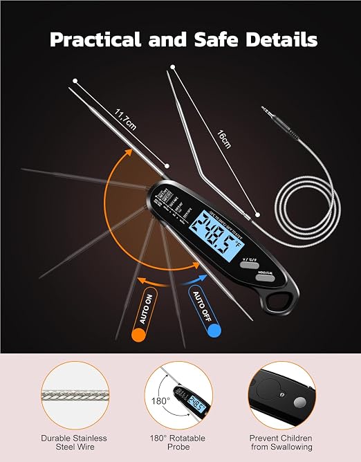 Instant Read Meat Thermometer Digital with Dual Probe, Food Thermometer for Cooking & Grilling, Large Backlit & Calibration, Grill Thermometer for Outside/Kitchen/Oven/Smoker/BBQ, Bakeware