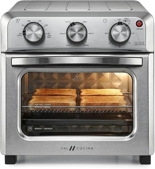 VAL CUCINA 6-in-1 Air Fryer Toaster Oven Combo, Compact 12.7 QT Small Countertop Convection Oven, Fits 9" Pizza & 4 Toast, Hexagon Hybrid Heating, Enamel Baking Pan Included, Stainless Steel Finish