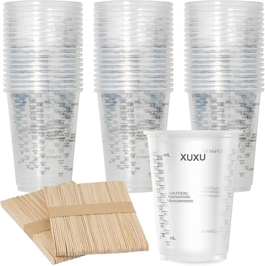 XUXU 100pcs 8oz Graduated Clear Plastic Measuring Cups with 100pcs Wooden Stirring Sticks for Mixing Paint, Pigments, Epoxy Resins, Resins