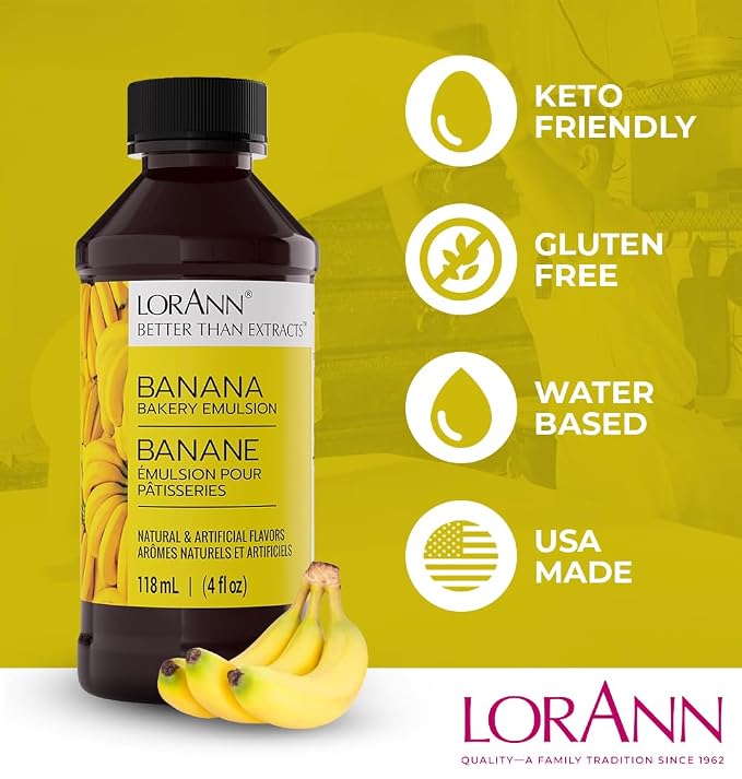 Lorann Oils Banana Bakery Emulsion: True Banana Emulsion, Ideal for Boosting Fruit Tones in Cakes, Cookies & Desserts, Gluten-Free, Keto-Friendly, Banana Extract Substitute Essential for Your Kitchen