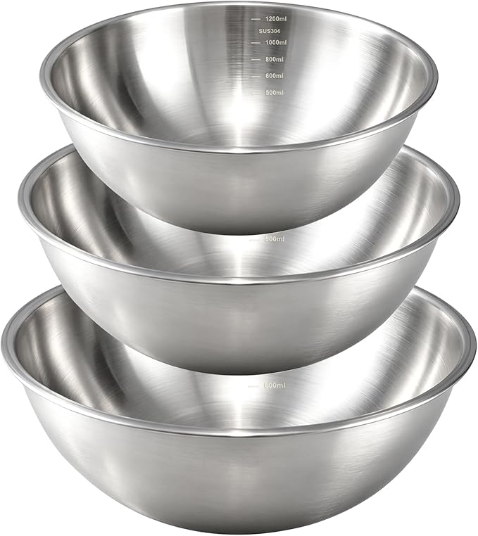 Gronivex 304 Stainless Steel Mixing Bowls, 3-Piece (1.5, 2.2 & 3.4 Qt) | Thicker-Gauge, Food-Grade Metal, Stackable Nesting & Space-Saving – For Kitchen Baking, Salads, Meal Prep, RV & Camping