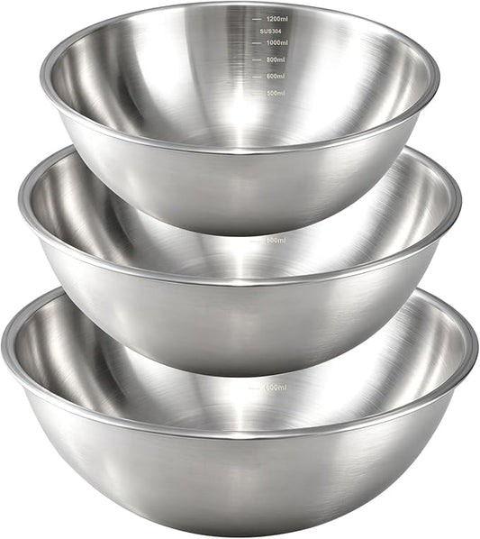Gronivex 304 Stainless Steel Mixing Bowls, 3-Piece (1.5, 2.2 & 3.4 Qt) | Thicker-Gauge, Food-Grade Metal, Stackable Nesting & Space-Saving – For Kitchen Baking, Salads, Meal Prep, RV & Camping