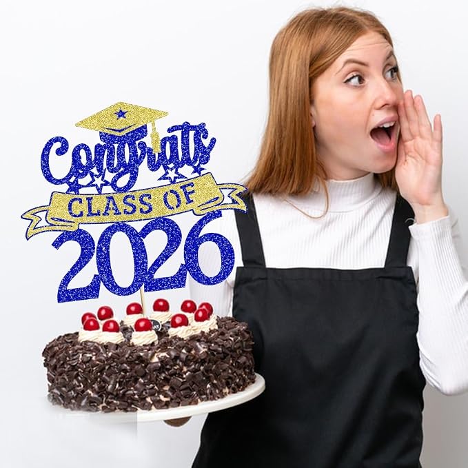 Glitter Class of 2026 Cake Topper，Congrats Grad Decorations， 2026 Happy Graduation High School/College/University Graduation Party Supplies Dark Blue and Gold