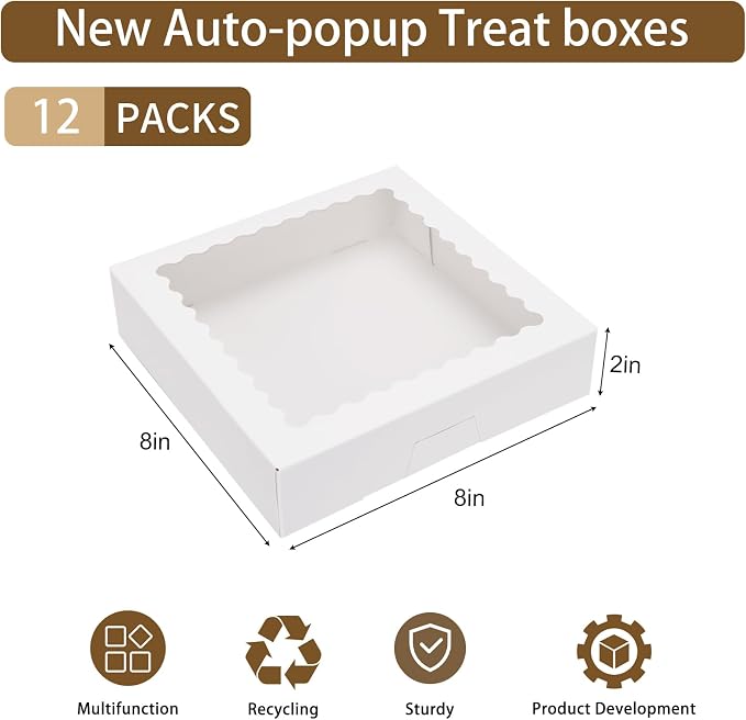Moretoes 12pcs Bakery Boxes, 8x8x2 Inches Auto-Popup Cookie Boxes with Window, White Treat Containers for Chocolate Strawberries, Donuts, Desserts, Pastries, Mother's Day