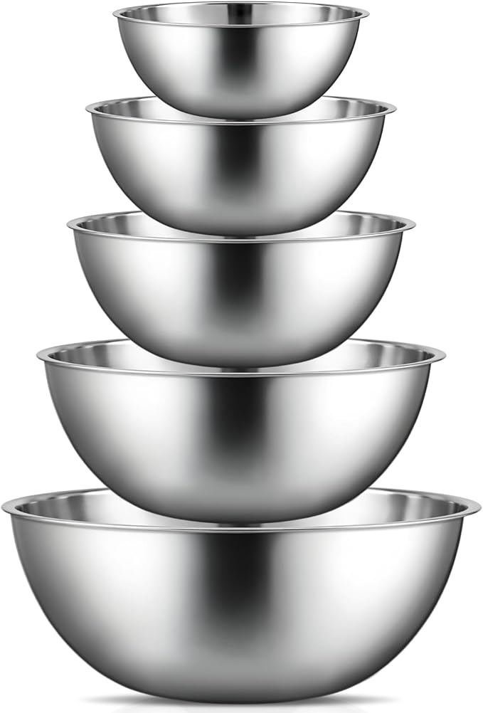 Domensi Stainless Steel Mixing Bowls Set - 5-piece Polished Mirror Nesting Bowls 1.25, 2.75, 4.25, 6.25, 8 Quart Thickened Material Ideal for Kitchen, Cooking, Baking and Storage, Deep