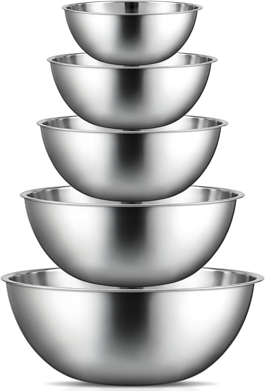 Domensi Stainless Steel Mixing Bowls Set - 5-piece Polished Mirror Nesting Bowls 1.25, 2.75, 4.25, 6.25, 8 Quart Thickened Material Ideal for Kitchen, Cooking, Baking and Storage, Deep