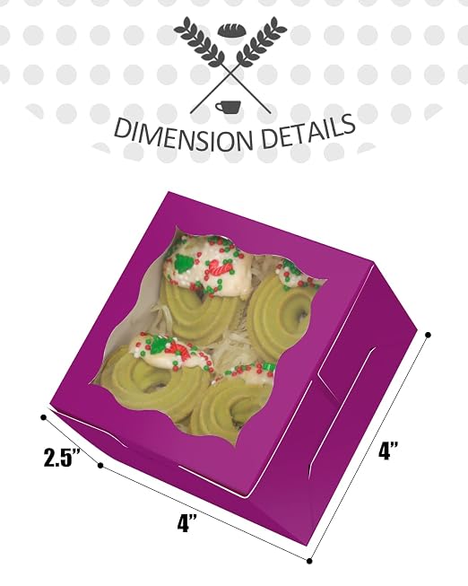 qiqee 4*4*2.5inch/55Packs Bakery Box with Window Deep Purple Macaron Boxes Small Donut Pastry Boxes for Party Mini Cookie Boxes(5 Diferent Gift Include)