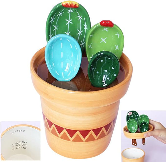 Cactus Measuring Spoons Set in Pot Ceramic Cute Measuring Cups and Spoons Unique Baking Gifts for Dry Wet Ingredients Dishwasher Safe 1 Tbsp 1 TSP 1/2 TSP 1/4 TSP 1 Cup Blue
