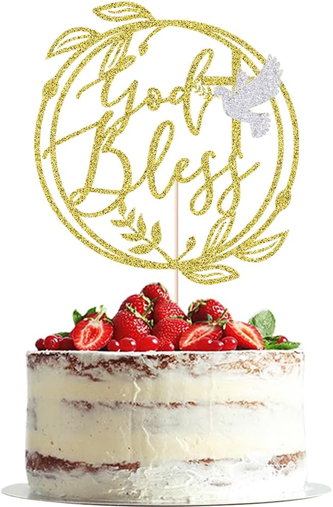 Gold Glitter god Bless Baptism Cake Topper - Keepsake Cross Design,for Christening & Holy Communion,Baby Shower 1st Birthday Party Divine Celebration Elegant Cake Decor