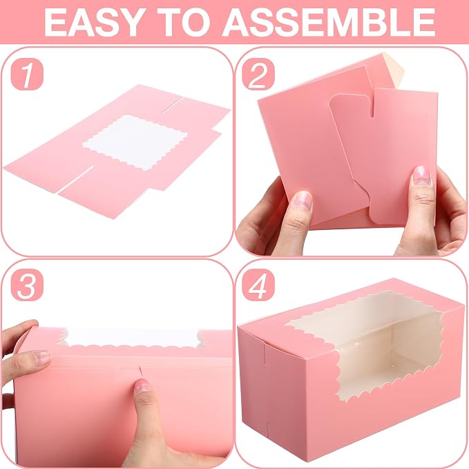 Ireer 60 pcs 8x4x4 Inch Bakery Boxes with Window Cookies Boxes Pumpkin Roll Container Donut Box Pastry Cake Packaging Safe for Cookies Loaf Muffins Breads Dessert Candies Treat(Pink)