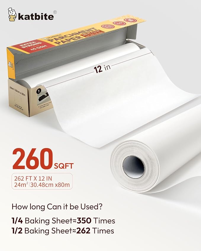 Katbite Heavy Duty Parchment Paper Roll for Baking, 12 in x 524 ft Non-Stick Baking Paper for Cooking, Baking Cookies, Grilling, Air Fryer and Steaming