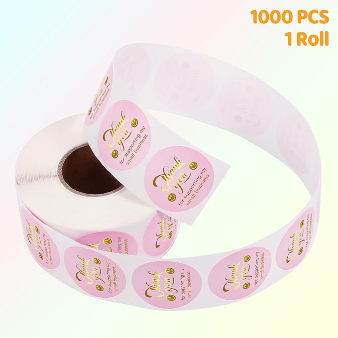 1000 PCS Thank You Stickers for Small Business, Pink and Rose Gold | 1.5 Inch, Smile Design Stickers, Envelope Seals for Packaging, Gift Bags, Boxes