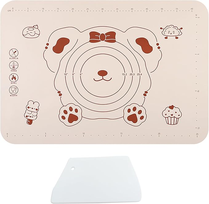 Silicone Dough Mat and Scraper, 25.6 Inch x 17.7 Inch Beige Pastry Mat with Size Scale, Anti Stick and Anti Slip Mat for Kneading Baking in Ketchen, Picnic and Party (L)