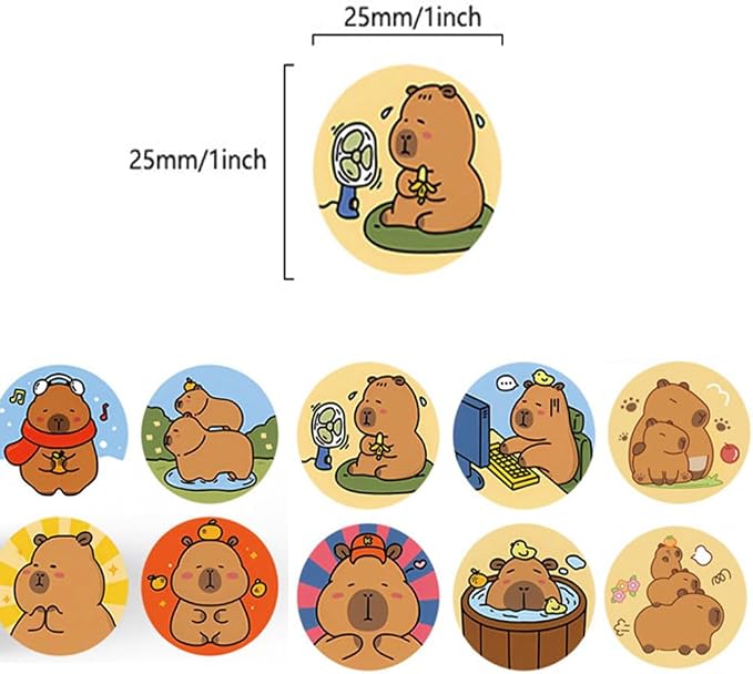 500PCS Capybara Stickers Cute Brown Cartoon Animal Stickers 1 Inch Round Roll for Classroom Prize Party Favors Water Bottle Laptop Luggage Helmet(Capybara)
