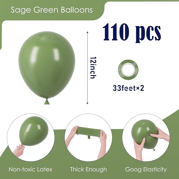 Voircoloria 110pcs Sage Green Balloons 12inch Olive Green Latex Party Balloons for Graduation, Wedding, Birthday, Bridal Shower, Baby Shower, Anniversary Party Decorations