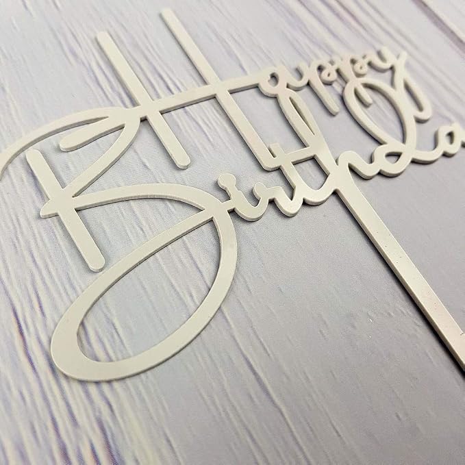 Happy Birthday Cake Topper for Birthday Party Decorations, Off-white Acrylic