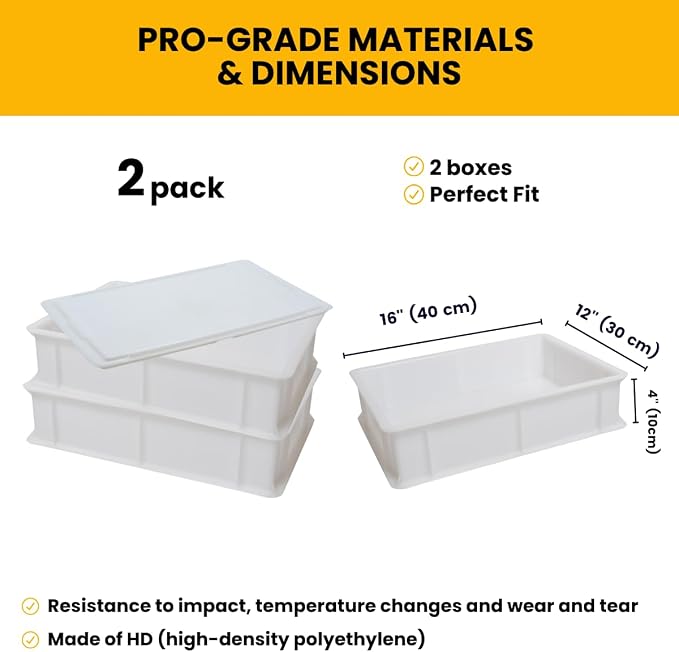 L'Oro Del Sud Home Refrigerator Size, Dough Proofing Tray (2 Pack + 1 Lid) | White Stackable, Commercial Grade, Pizza Proofing Dough Pans with Lid (16 inch x 12 inch x 4 inch), Product of Italy