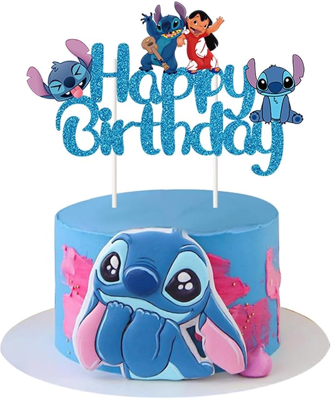 Blue Cake Topper, Glitter Happy Birthday Cake Decorations, Boys Girls Cute Cartoon Theme Party Supplies