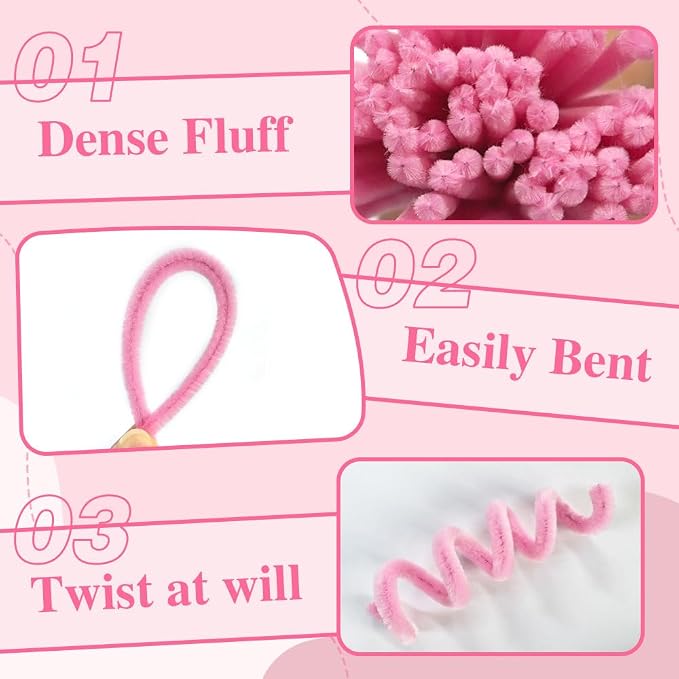 AHAMETON 620Pcs Pink Yellow Pipe Cleaners Complete Craft Kit with Wires, Pom Poms, Stamens and Card, All-in-One DIY Flower Craft Supplies for Creative Wedding Gifts Home Decor, Party & School Crafts