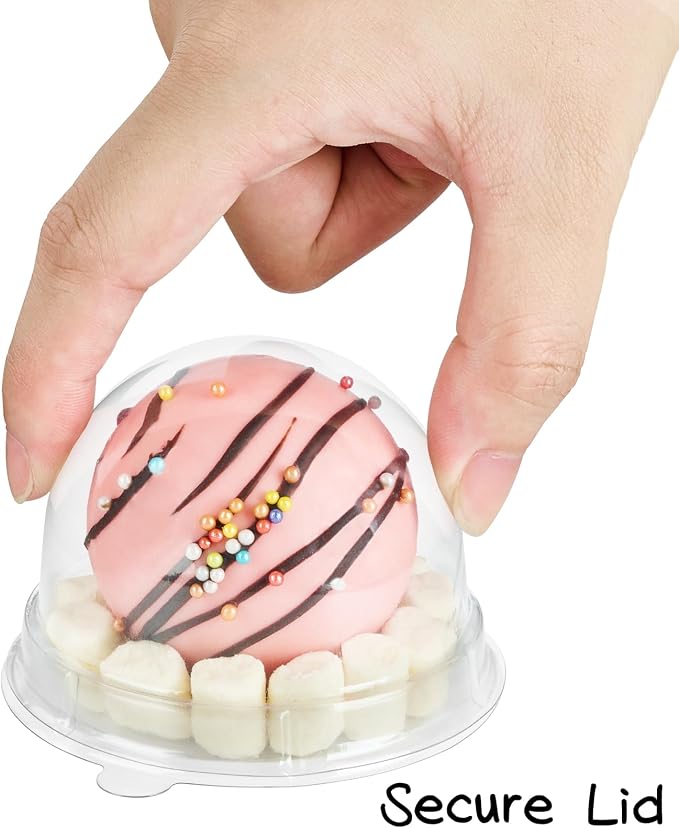 TOFLEN Mini Dessert Containers with Dome Lids, 100Pcs Clear Plastic Individual Ore Cookie holder, Small Cake Box for Mini Cupcake, Cocoa Bomb, Strawberry, Cheesecake and Mooncake (Clear Base)