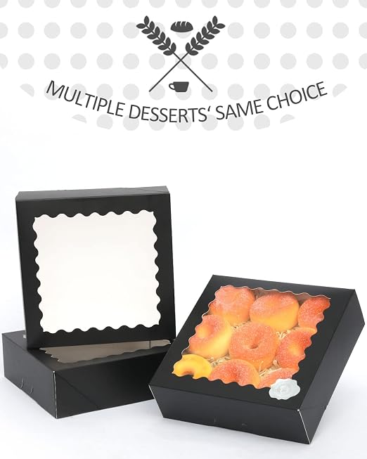 qiqee Auto-pop Up Black Pastry Box With Window 8x8x2.5 Inch Donut Pie Boxes 30pcs Bakery Box