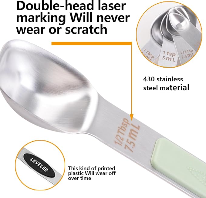 Stainless Steel Magnetic Measuring Spoons Set, Heavy Duty Metal Kitchen Gadgets for Baking & Cooking, Fits in Most Kitchen Spice Jars, Set of 4 with Leveler (Mint green)