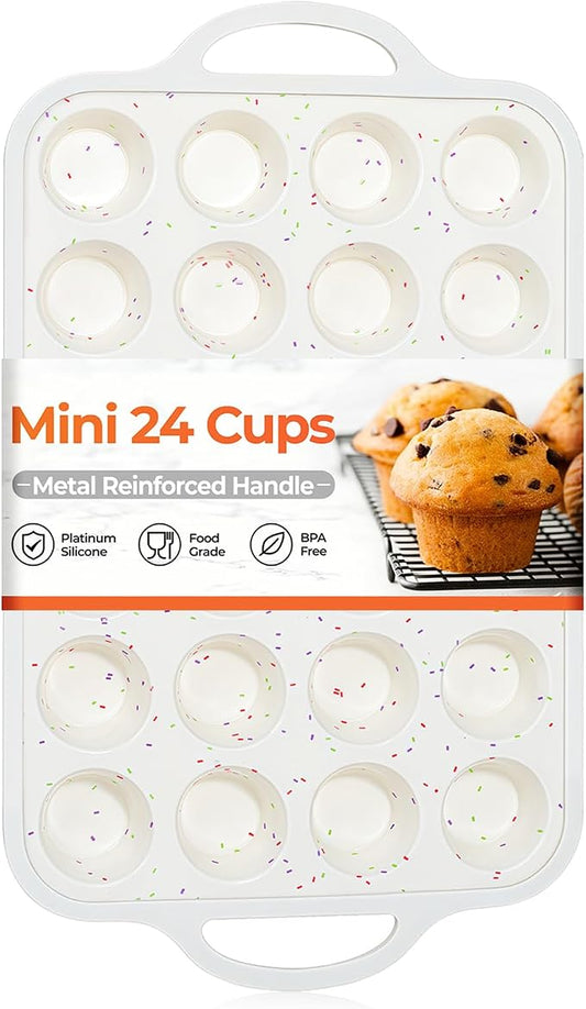 CAKETIME Mini Cupcake Pans, Metal Reinforced Frame Silicone Mini Muffin Pan Nonstick 24 Cups Easy to Handle for Baking Muffins, Cupcakes, Egg Bites 1 Pack
