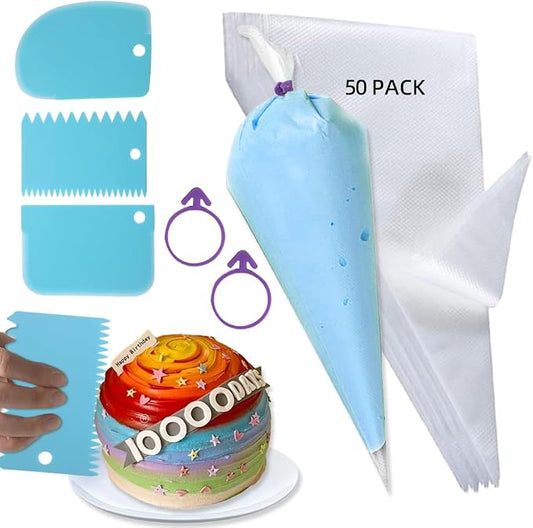 Beginner Cake Decorating Kit,50Pcs 12Inch Piping Bags Disposable with 3 Cake Scraper Smoother for Cake Decorating,Thickened Anti Burst Icing Bags,Pastry Bags for Cream Frosting,Cookies,cupcakes