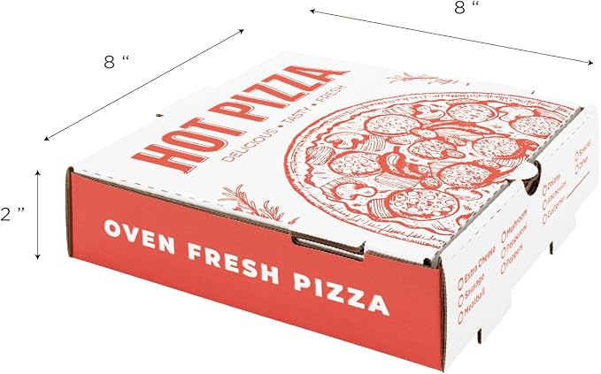 Karat Pizza Boxes 8" x 8" [50 Pack] Classic Red Print Corrugated Boxes | Ventilated, Grease-Resistant, Durable for Pizza or Mailing Use
