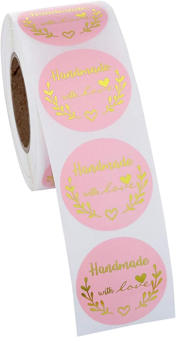 Yoption 1.5 Inch Round Handmade with Love Stickers Pink for Packaging, Cookie Bags, Small Shop Local Handmade, 500 Labels per Roll
