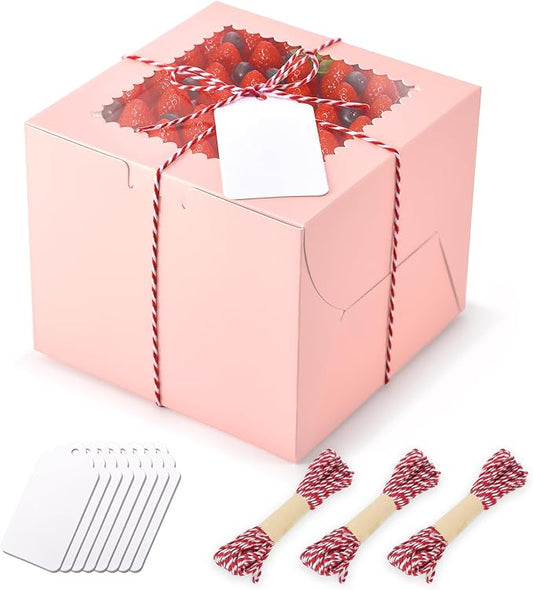 20Pcs Mini Cake Boxes with Window, 6x6x5 Inches Pink Bakery Boxes, Small 4 Cupcake Boxes, Cake Packaging for Pastries, Cookies, Chocolates, Cupcakes, Birthday Party, Wedding