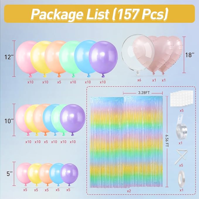 157PCS Pastel Balloons Arch Garland Kit with Macaron Rainbow Fringe Curtain for Birthday Bridal Baby Shower Wedding Valentine's Day Pride Month Block Party Decorations