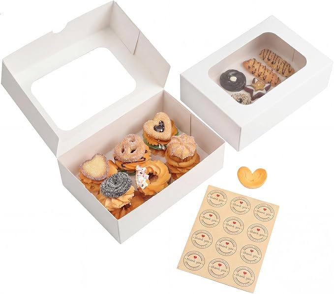 YEKTFS 24 Pack Cookie Boxes with Window, 9x6x3 Inch White Bakery Containers for Desserts, Candy, Muffins, Donuts, Chocolate Covered Strawberries & Gift Giving