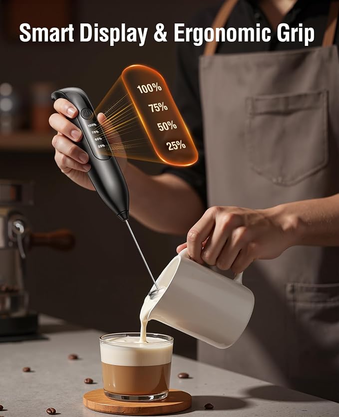 Electric Milk Frother Handheld: coffee frother rechargeable 𝟑 𝐢𝐧 𝟏 - LED Display, Adjustable Wireless Charging - 3 Speeds, Stainless Steel Whisk for Latte, Cappuccino - Bright Black