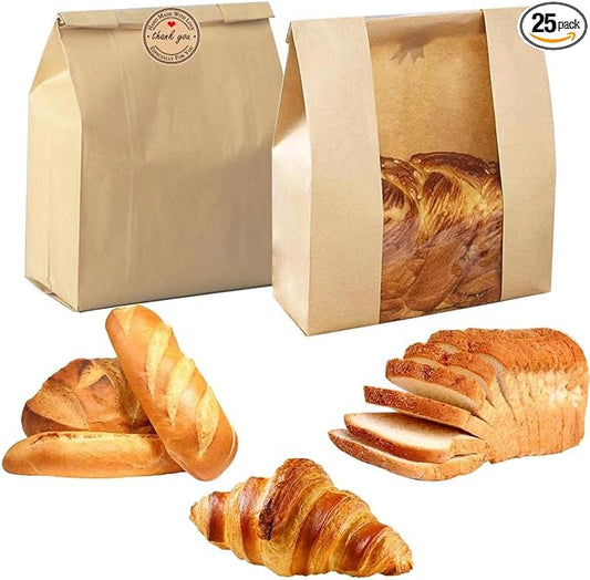 Large Paper Bread Bags for Homemade Sourdough-Bread Packaging Bag for Gifting, Label Seal Sticker Included Pack of 25(11.8x8.2x3.5 inch)