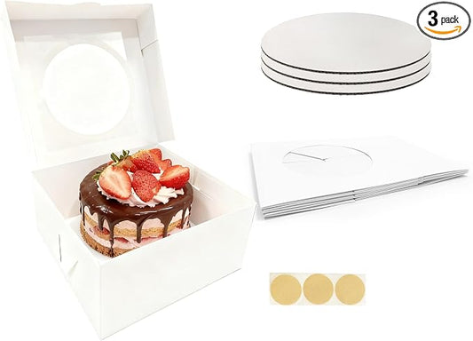 3 Set Cake Boxes with Cake Boards（3 PCS Cake Boxes+3 PCS Cake Boards）, 10x10x5 Inches Cake Box with Windows, White Bakery Boxes, Cake Container with Stickers for Birthday by GBF