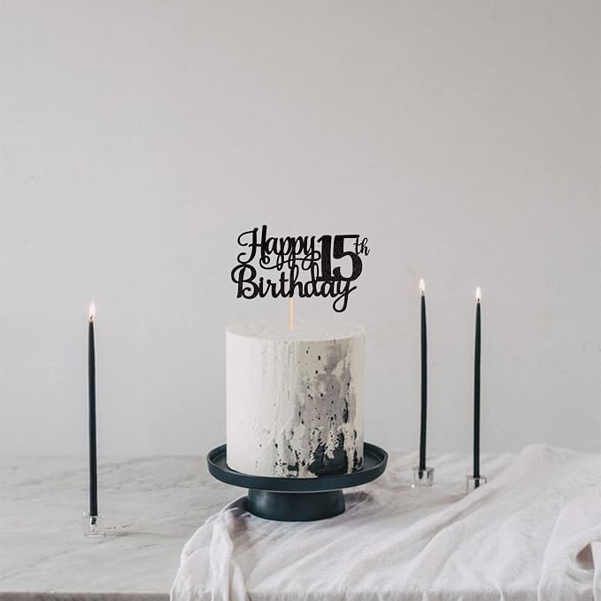 1 PCS Happy 15th Birthday Cake Topper Glitter Cheers to 15 Years Birthday Cake Pick Mis Quince 15 Fabulous Cake Decoration for Happy 15th Birthday Theme Party Decorations Supplies Black