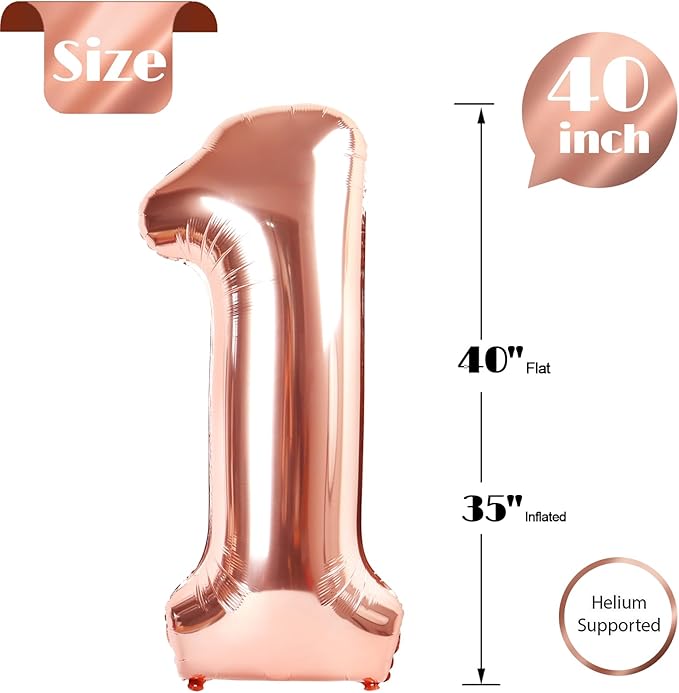 Rose Gold Number 1 Balloon 40 Inch, 1st Birthday Balloon for Baby Boy Girl Toddler First Birthday Decorations, Shiny Rose Gold Party Supplies