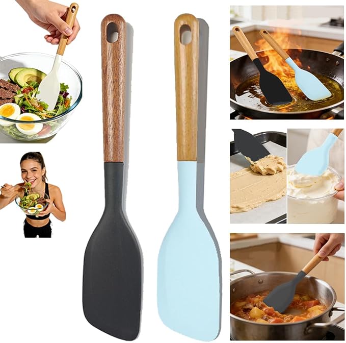 2PCS Heat Resistant Silicone Spatula Set, Silicone Spatula Wooden Handle, Rubber Spatula for Baking, Losing Weight Meal & Salad, Versatile Kitchen Tool, Mixing, Frosting, Heat Resistant 600°F
