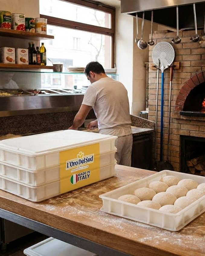 L'Oro Del Sud Commercial Dough Proofing Box Tray with Lid, White, 2 Trays | 23.6" x 15.74" x 2.75" Stackable Dough Tray for Pizza Dough Proofing, Impact and Temperature Bin Resistant, Product of Italy