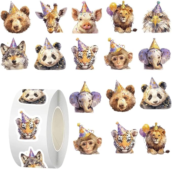 Jungle Safari Animal Birthday Stickers Roll, 500PCS 1inch Cute Party Hat Zoo Animal Stickers Jungle Themed Party Favors Envelope Seals Scrapbooking Birthday Decorations
