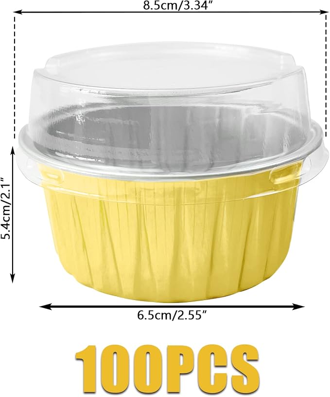 100Pcs Aluminum Cups with Lids,5oz Disposable Ramekin Baking Cups Muffin Liners Mini Pie Pans Foil Cupcake Containers for Christmas Party Wedding Party,Gold
