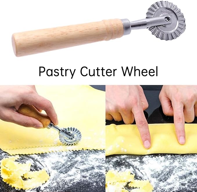 Fluted Pastry Cutter Wheel with Wooden Handle,Food-Grade Zinc Alloy Ravioli Dough Cutter, Ergonomic Roller Cutter for Pizza, Dumpling, Pasta, Pie Crust Home Baking